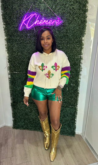 MARDI GRAS STRIPES SLEEVE SEQUIN SWEATER HOODIE