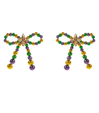 RIBBON MARDI GRAS METALIC BEADS POST EARRINGS